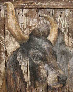 Bull's head painted on wood